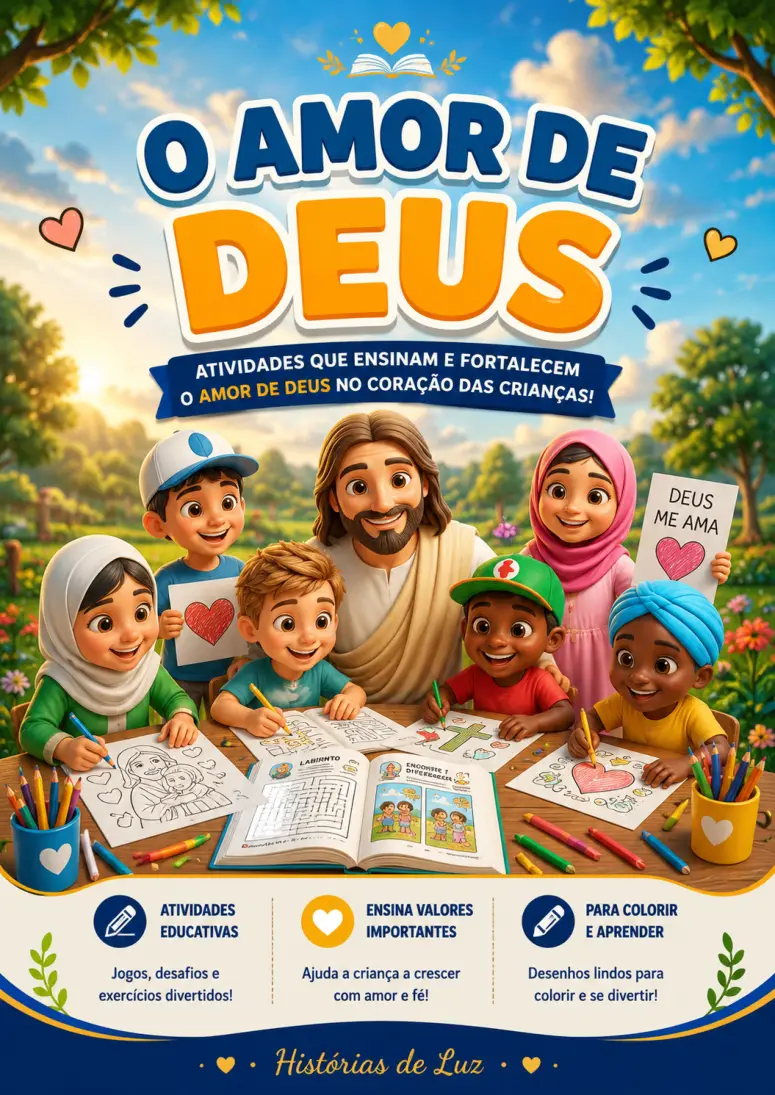 Capa do material O Amor de Deus — Histórias de Luz, com Jesus e crianças colorindo atividades