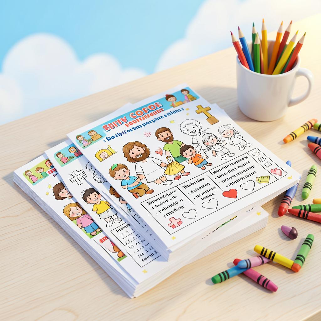 Páginas impressas do material com desenhos bíblicos para colorir, lápis de cor e giz de cera sobre a mesa